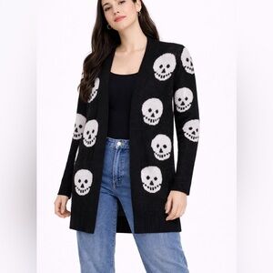 Black and White Skull Sweater Open Front Cardigan Goth Women’s Small